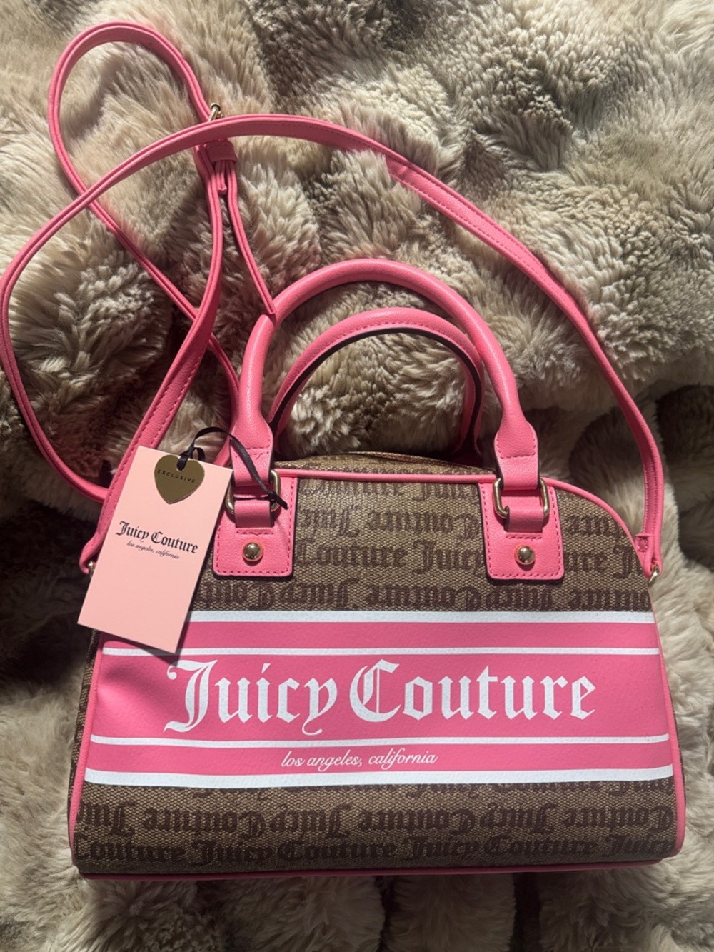 EXCLUSIVE Juicy Couture Pink and Brown Logo Dome Satchel with Strap